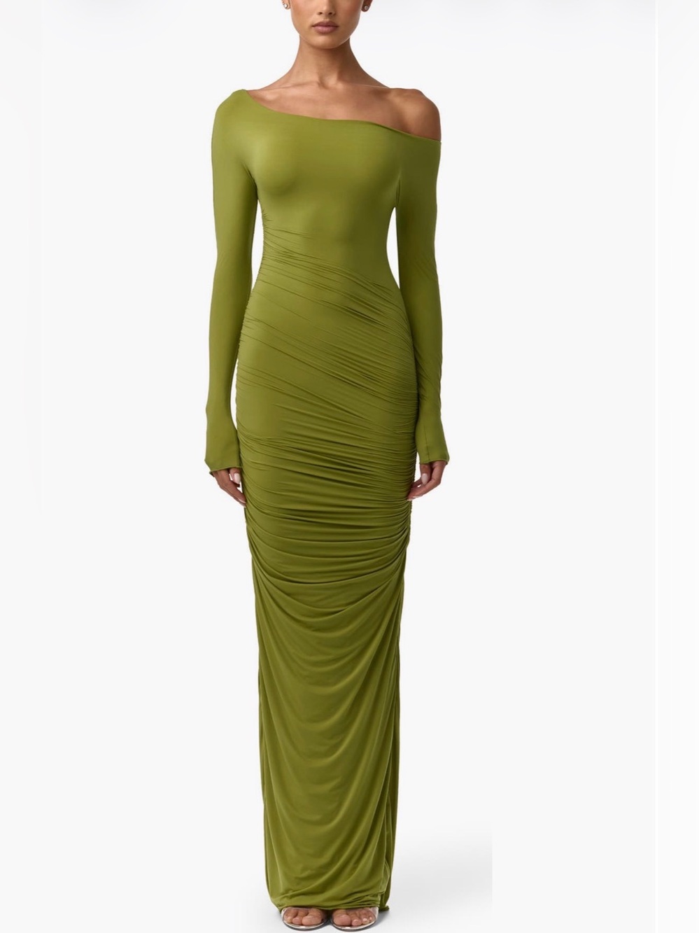 31. Naked Wardrobe $128 (current) Off-Shoulder Green Ruched Maxi Dress in Mojito